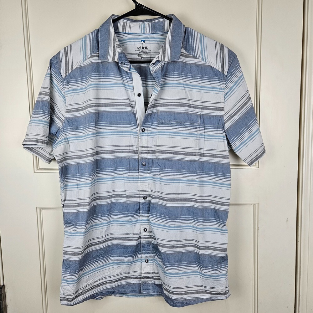KUHL Shirt Mens Size: M Blue Plaid Snap up Konquer Short Sleeve Hiking Travel